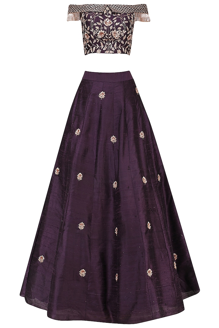Purple Embroidered Off Shoulder Crop Top and Skirt by MASUMI MEWAWALLA