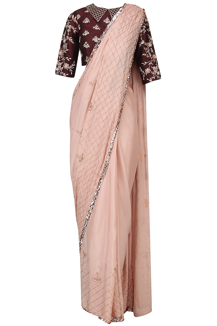 Nude Embroidered Saree with Burgundy Blouse by Pink Peacock Couture