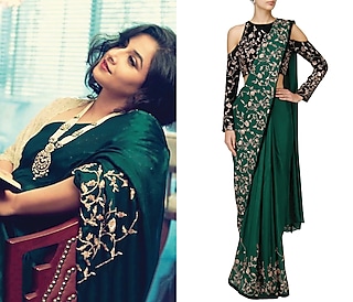 Green Embroidered Saree Set by MASUMI MEWAWALLA