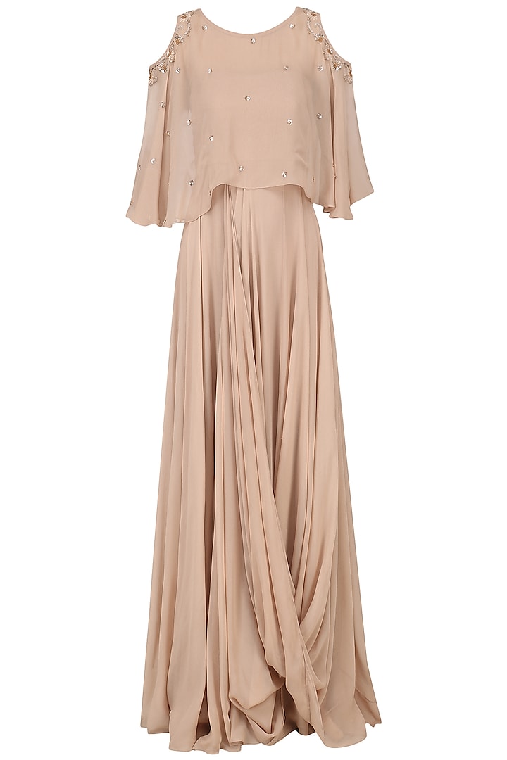 Beige gown with embroidered cape available only at Pernia's Pop Up Shop.