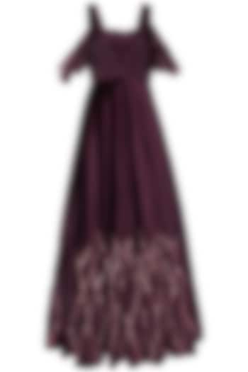 Wine embroidered gown with bustier by MASUMI MEWAWALLA