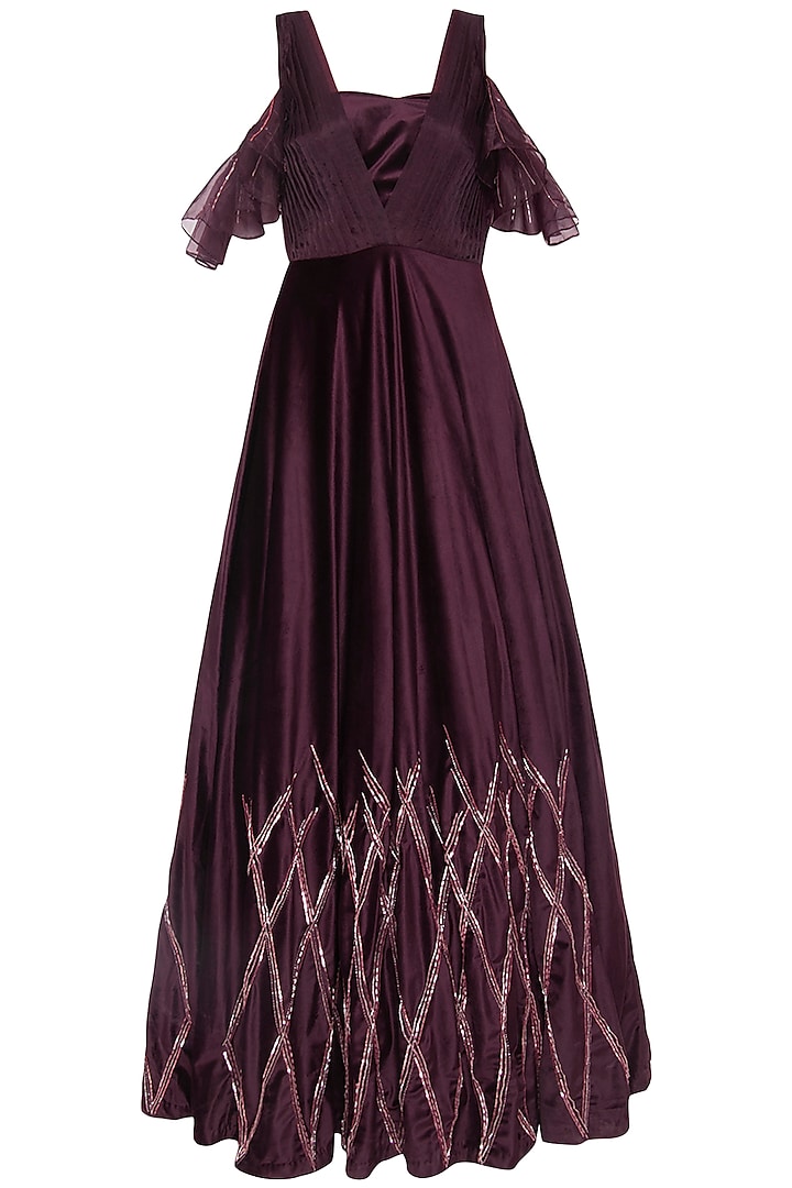 Wine embroidered gown with bustier by MASUMI MEWAWALLA