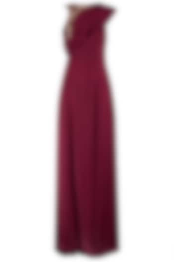 Maroon Embroidered Drape Gown by MASUMI MEWAWALLA