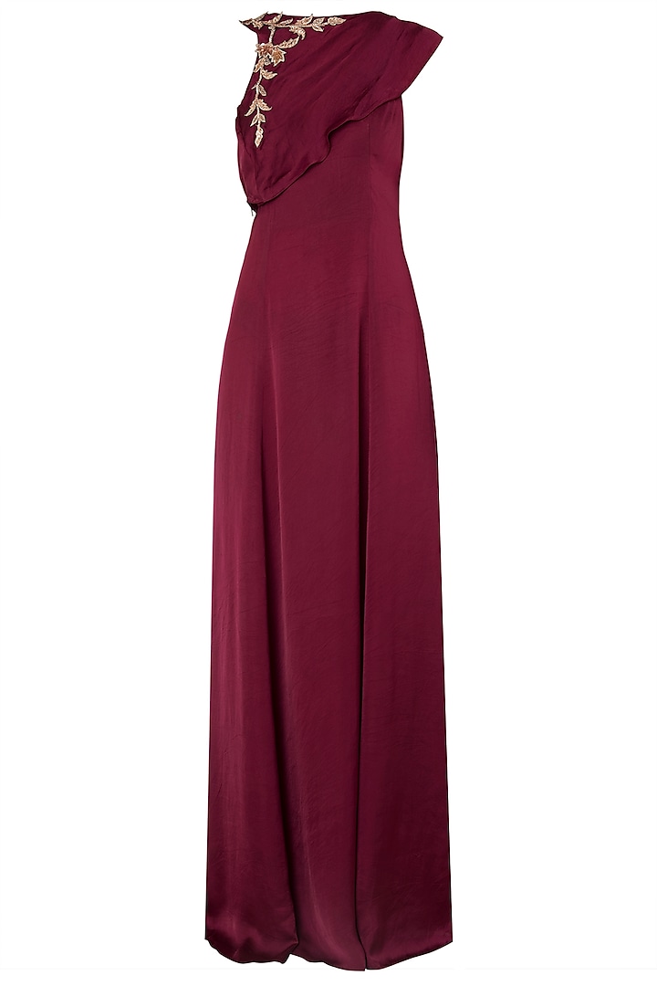 Maroon Embroidered Drape Gown by MASUMI MEWAWALLA