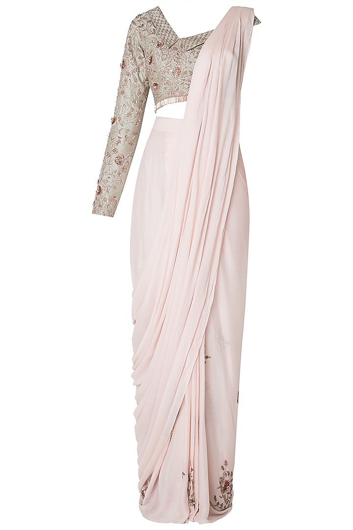 Peach Embroidered Saree with One Side Off Shoulder Blouse by MASUMI MEWAWALLA