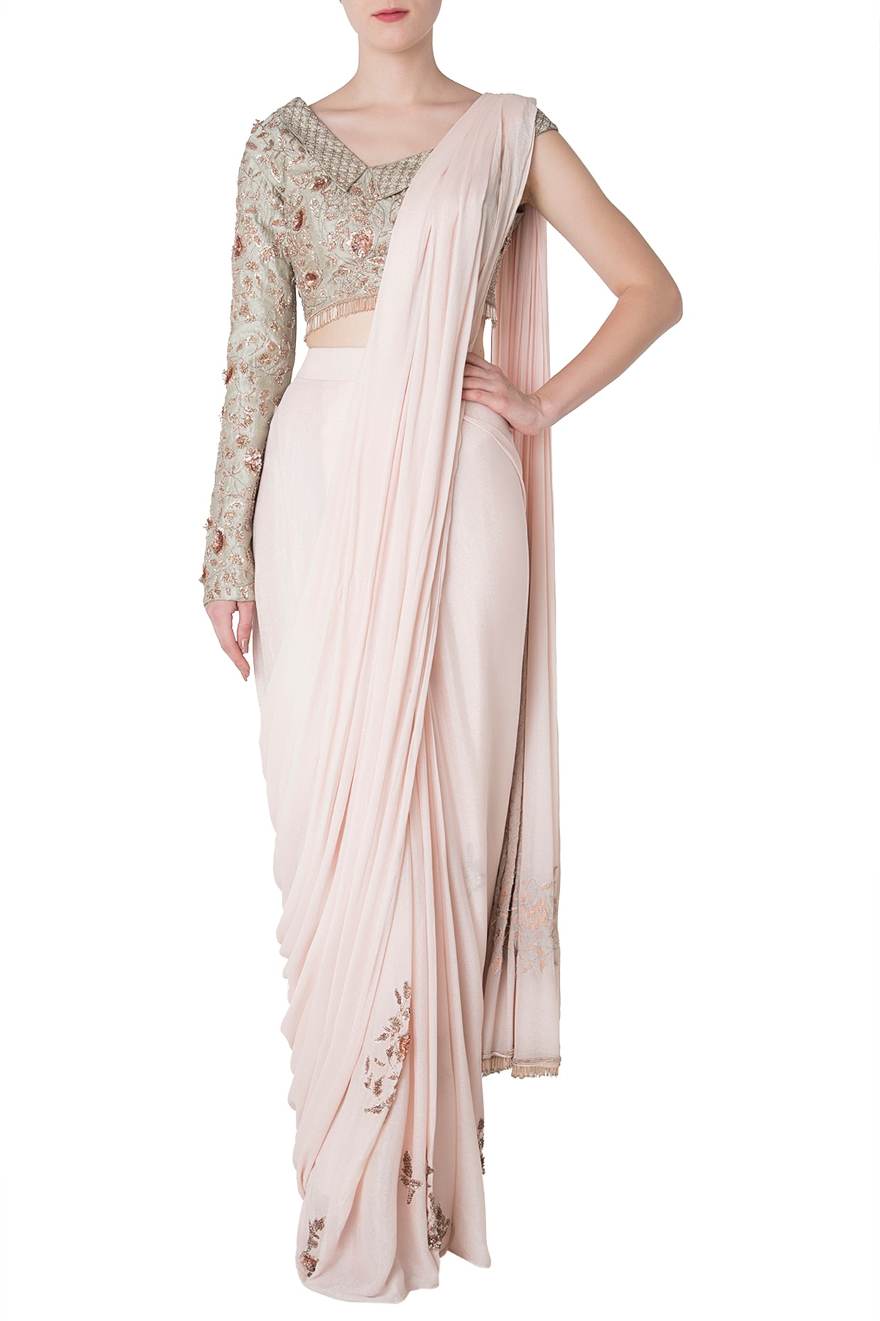 Buy Grey Pleated Saree with A Corset Off-Shoulder Blouse