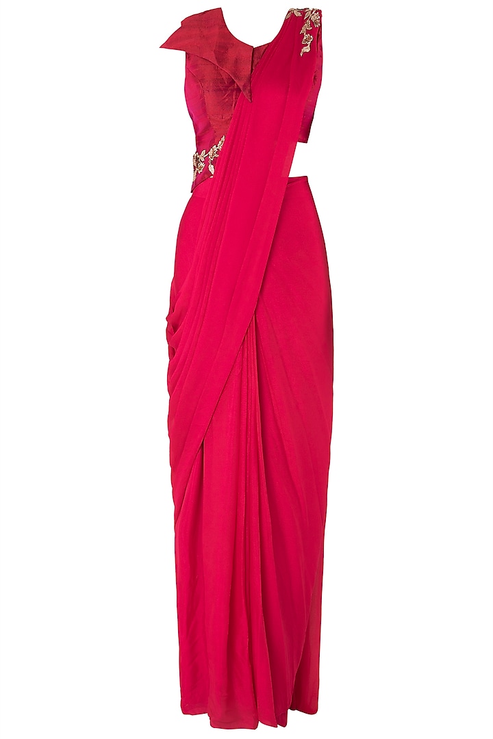 Hot Pink Embroidered Pre-Stitched Saree with Blouse by MASUMI MEWAWALLA