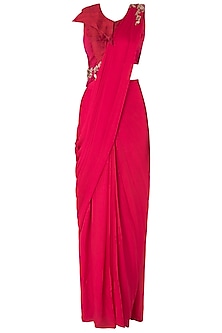 Hot pink embroidered pre-stitched saree with blouse available only at ...