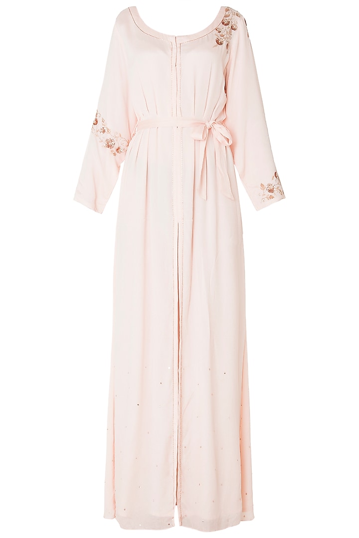 Baby Pink Embroidered Front Open Tunic with Belt by MASUMI MEWAWALLA