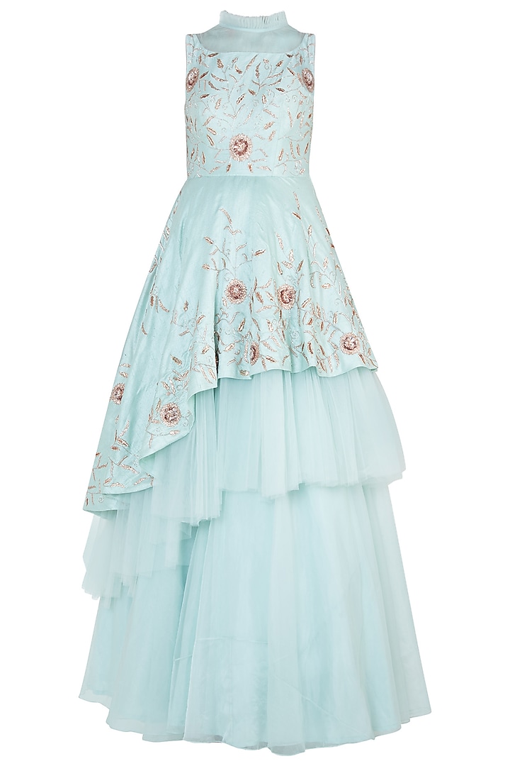 Mint blue embroidered layered gown by MASUMI MEWAWALLA