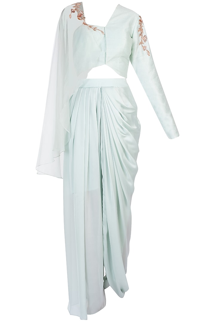Mint Blue Embroidered Crop Top with Dhoti Pants by MASUMI MEWAWALLA
