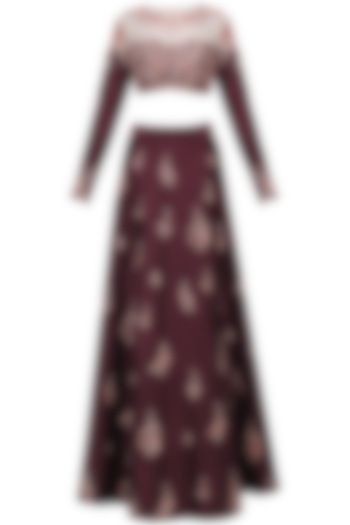 Burgandy embroidered crop top with skirt set available only at Pernia's Pop Up Shop.