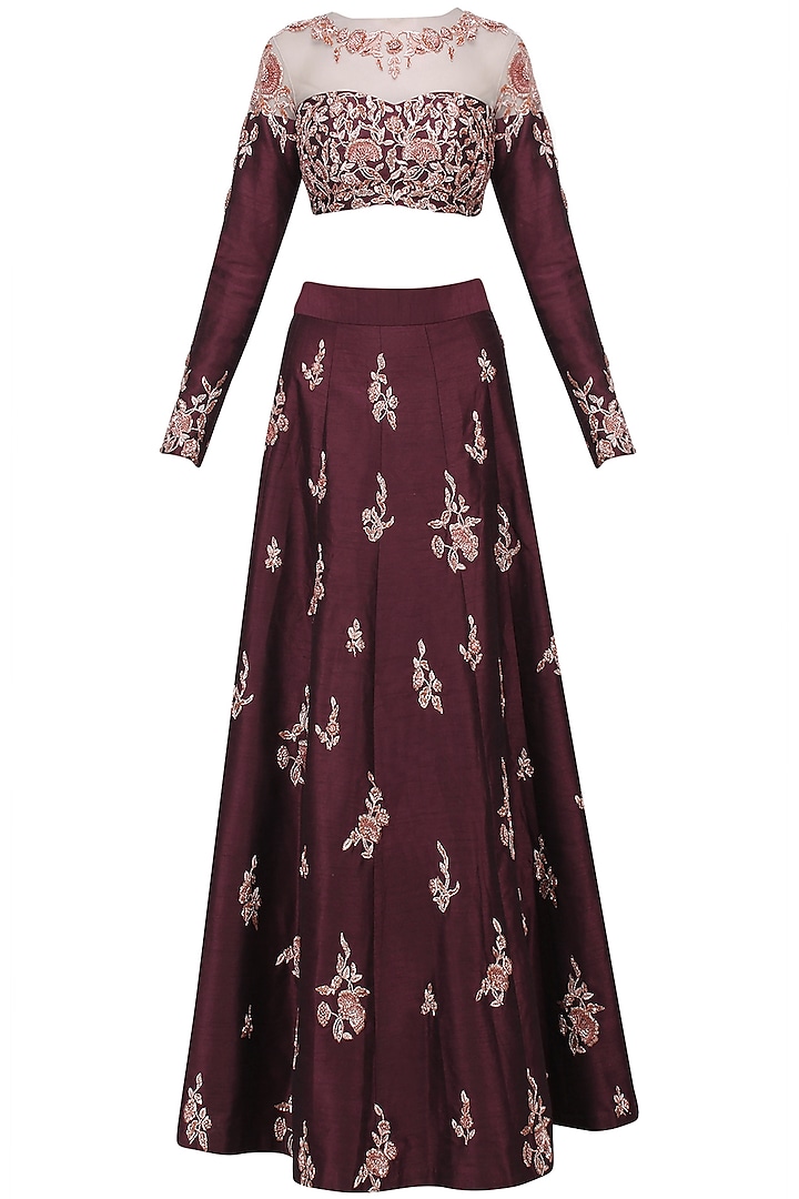Burgandy embroidered crop top with skirt set available only at Pernia's Pop Up Shop.