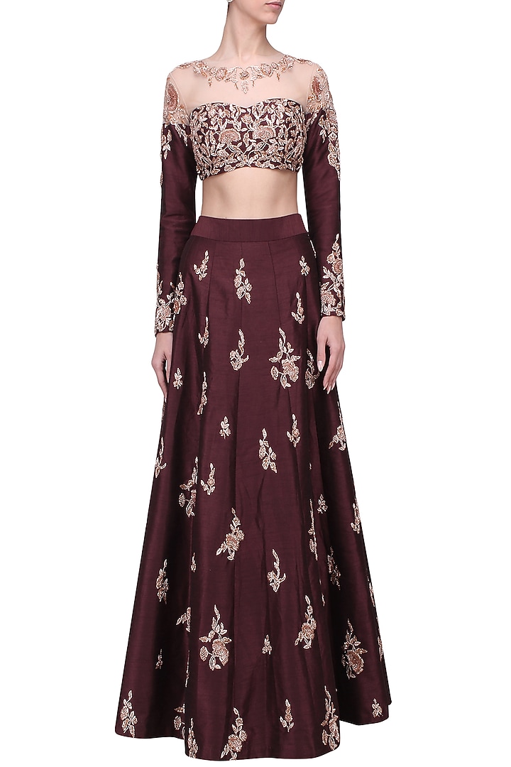 Burgandy embroidered crop top with skirt set available only at Pernia's Pop Up Shop.