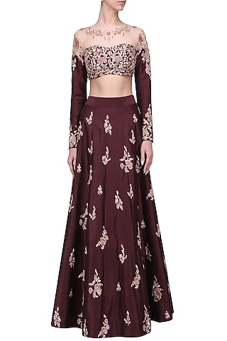 Burgandy Embroidered Crop Top with Skirt Set by MASUMI MEWAWALLA