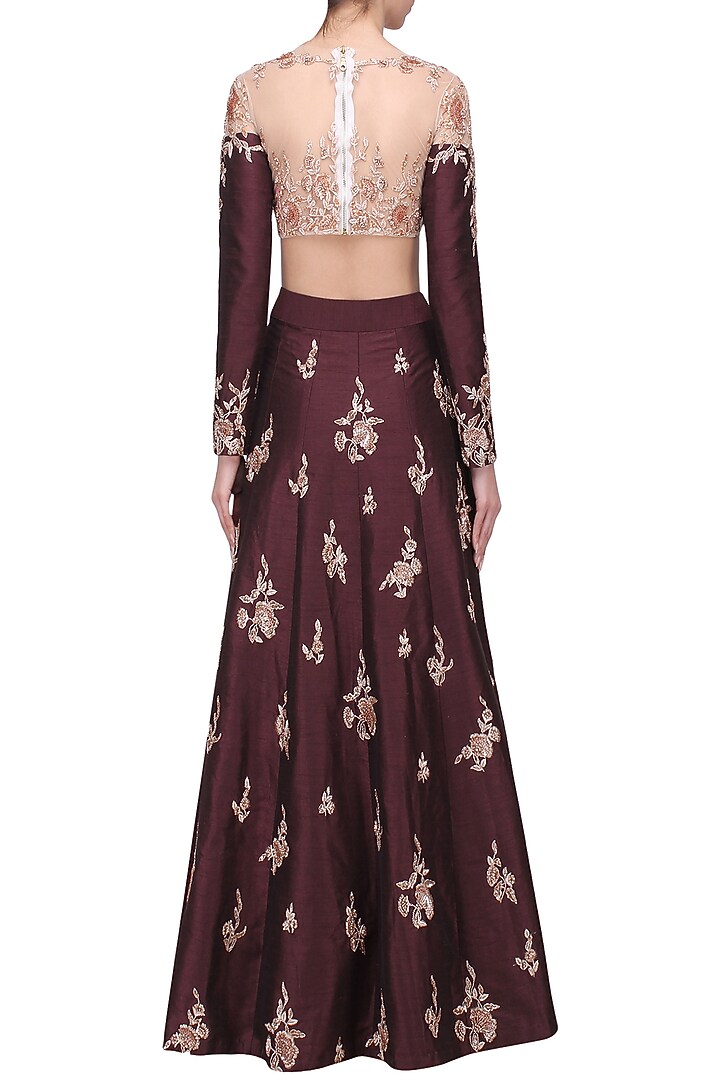 Burgandy embroidered crop top with skirt set available only at Pernia's Pop Up Shop.