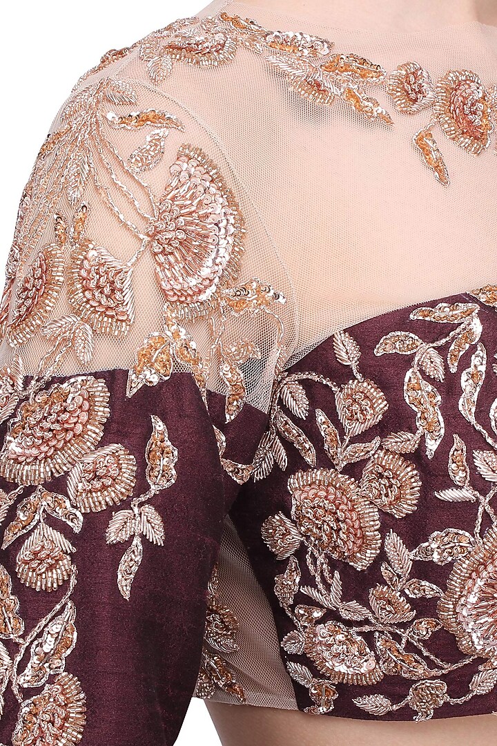 Burgandy embroidered crop top with skirt set available only at Pernia's Pop Up Shop.