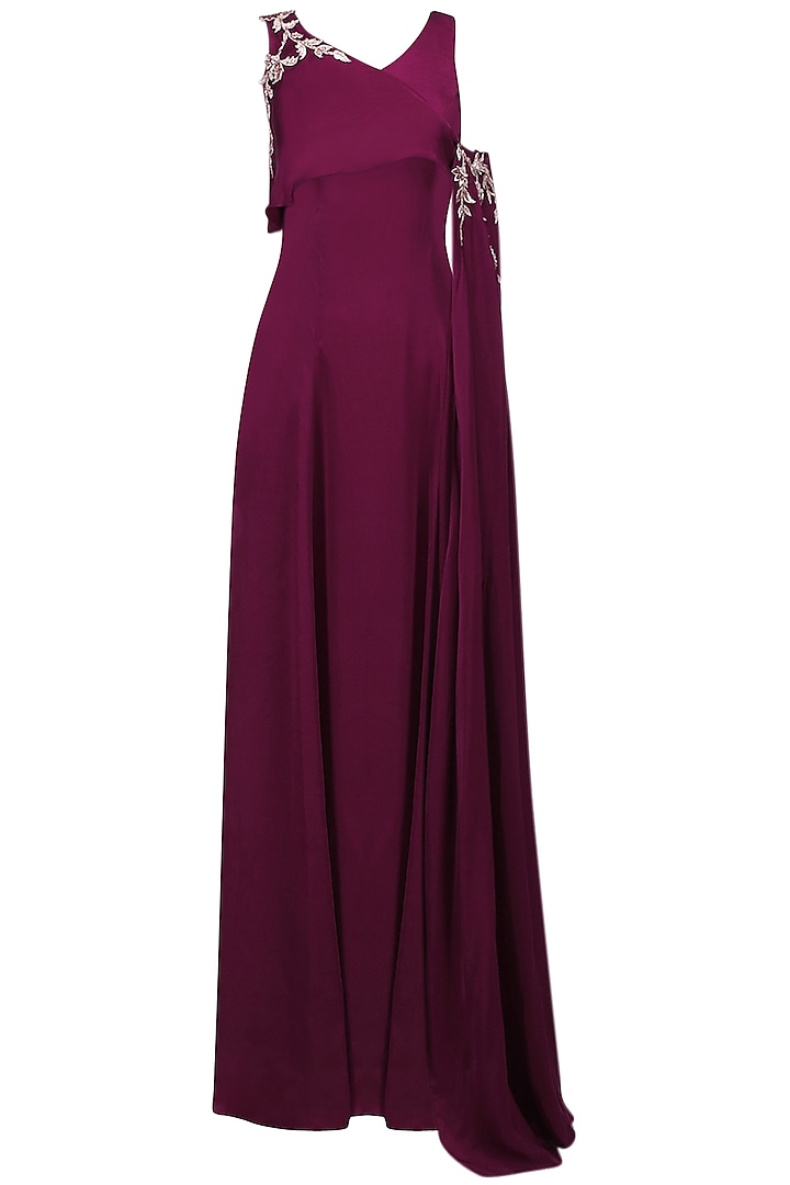Cranberry Embroidered Gown by MASUMI MEWAWALLA