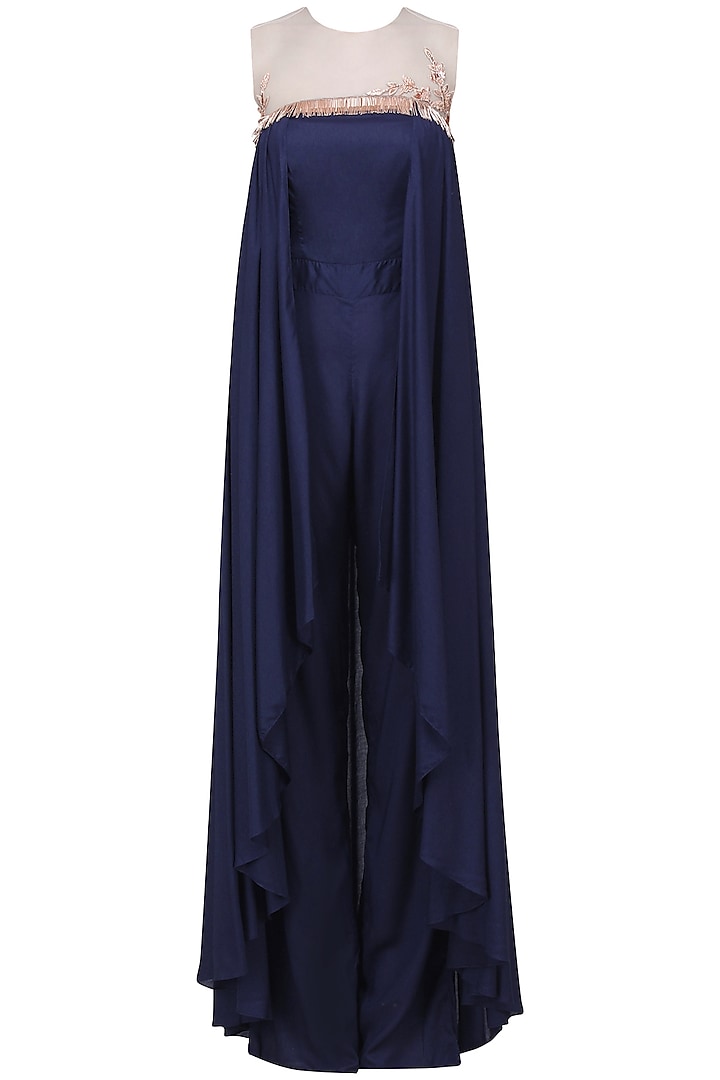 Navy Blue Embroidered Drape Jumpsuit by MASUMI MEWAWALLA