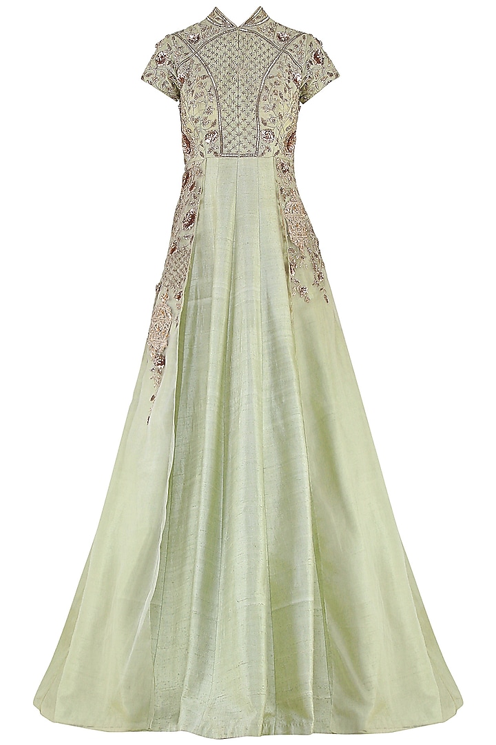 Dusty Green Embroidered Gown by MASUMI MEWAWALLA
