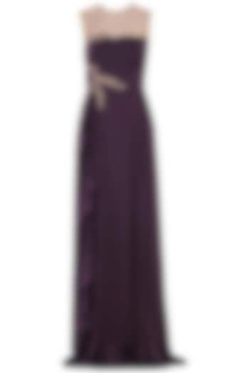 Purple Embroidered Ruffle Gown by MASUMI MEWAWALLA