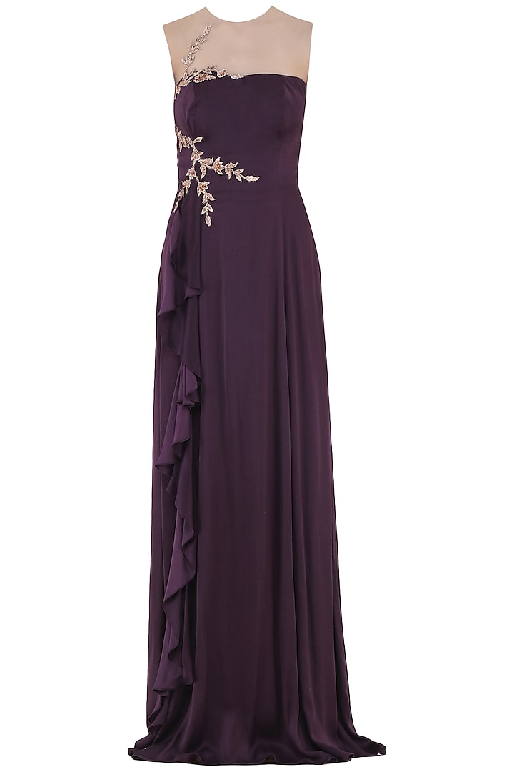 Purple Embroidered Ruffle Gown by MASUMI MEWAWALLA
