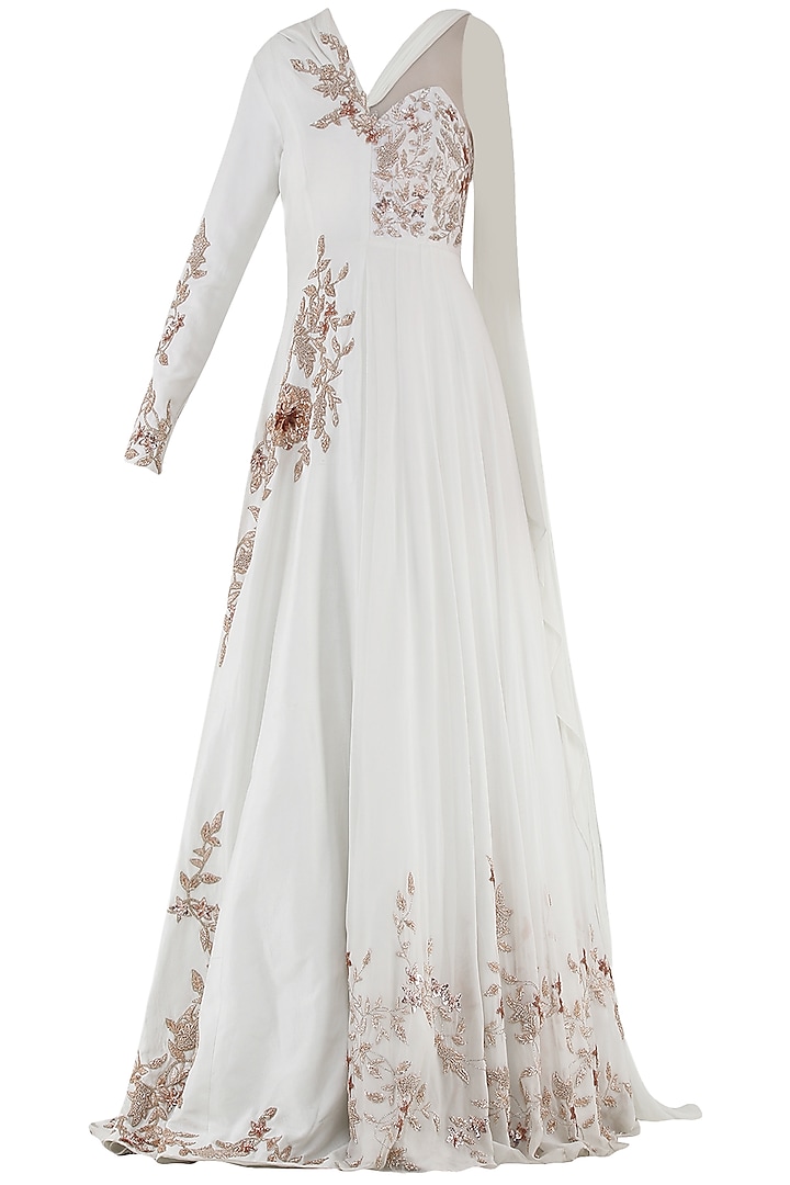Ivory Embroidered Drape Anarkali Gown by MASUMI MEWAWALLA