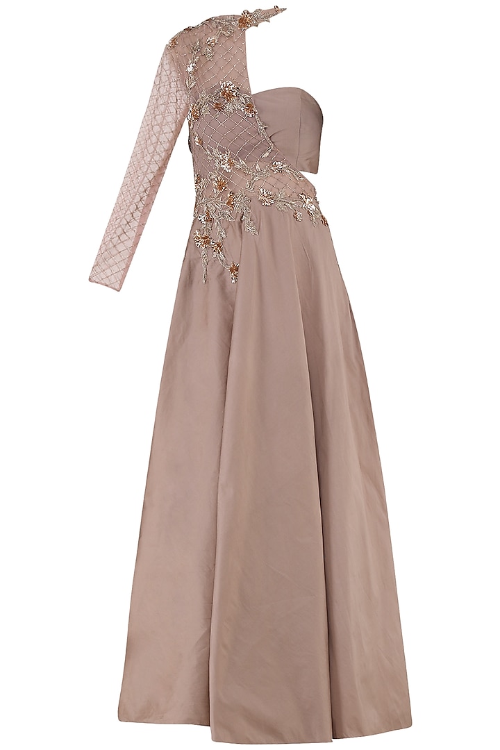 Blush Pink Embroidered One Shoulder Gown with Bustier by Pink Peacock Couture