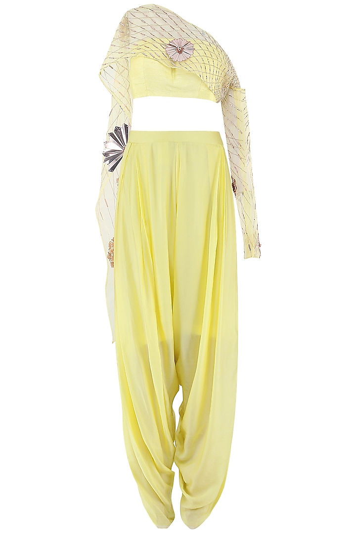 Yellow Embroidered Bustier with Dhoti Pants by MASUMI MEWAWALLA