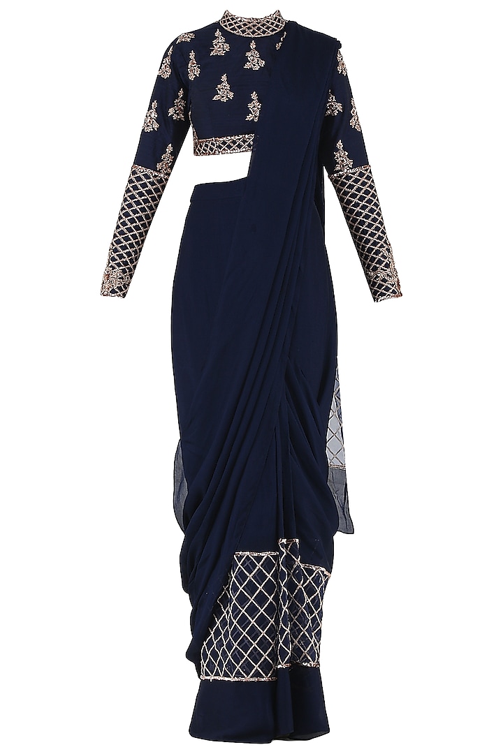Navy Blue Embroidered Pre-Stitched Saree with Blouse by MASUMI MEWAWALLA