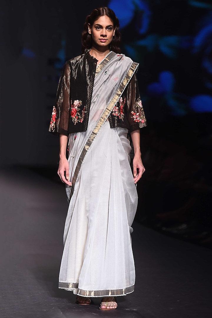 Grey and Black Embroidered Saree with Jacket by Prama by Pratima Pandey