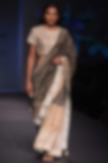 Olive To Beige Ombre Embroidered Saree and Blouse by Prama by Pratima Pandey