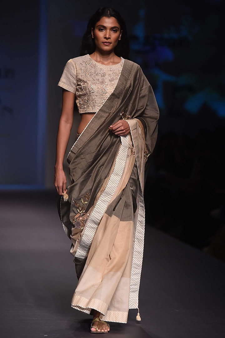 Olive To Beige Ombre Embroidered Saree and Blouse by Prama by Pratima Pandey