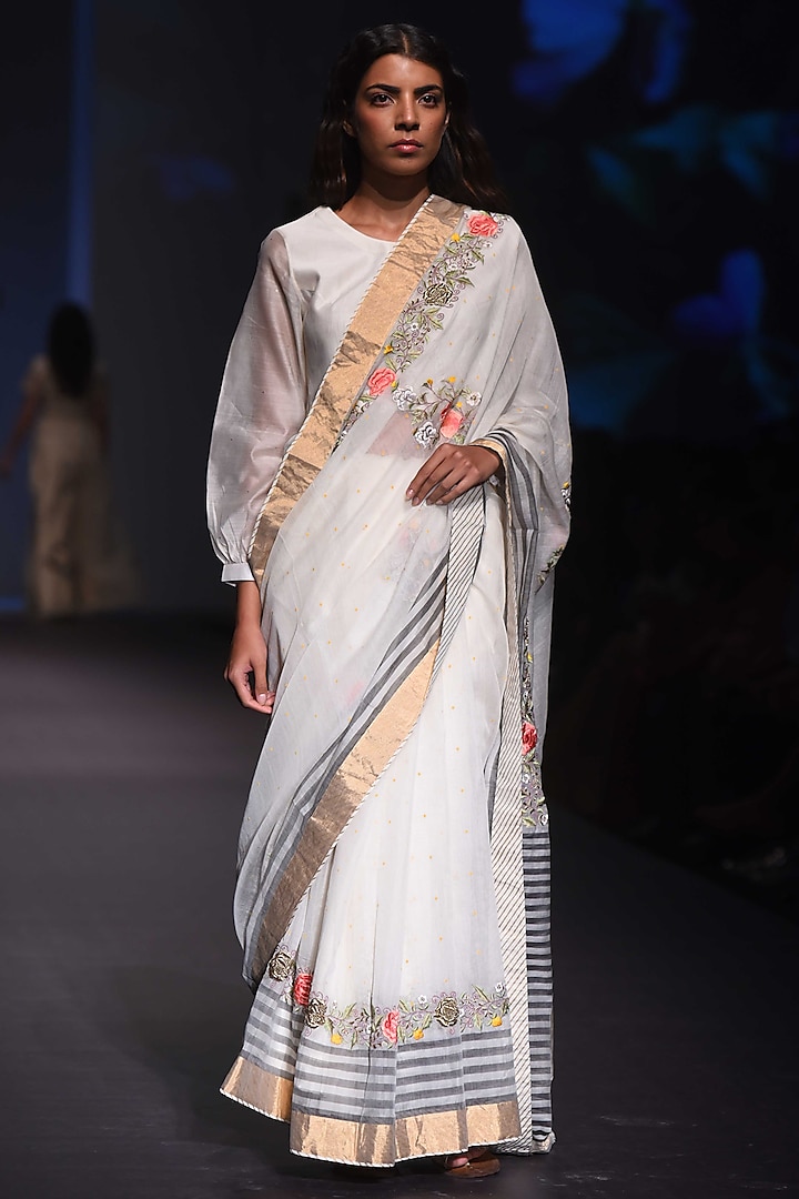 Black and White Checkered Embroidered Saree and Blouse by Prama by Pratima Pandey