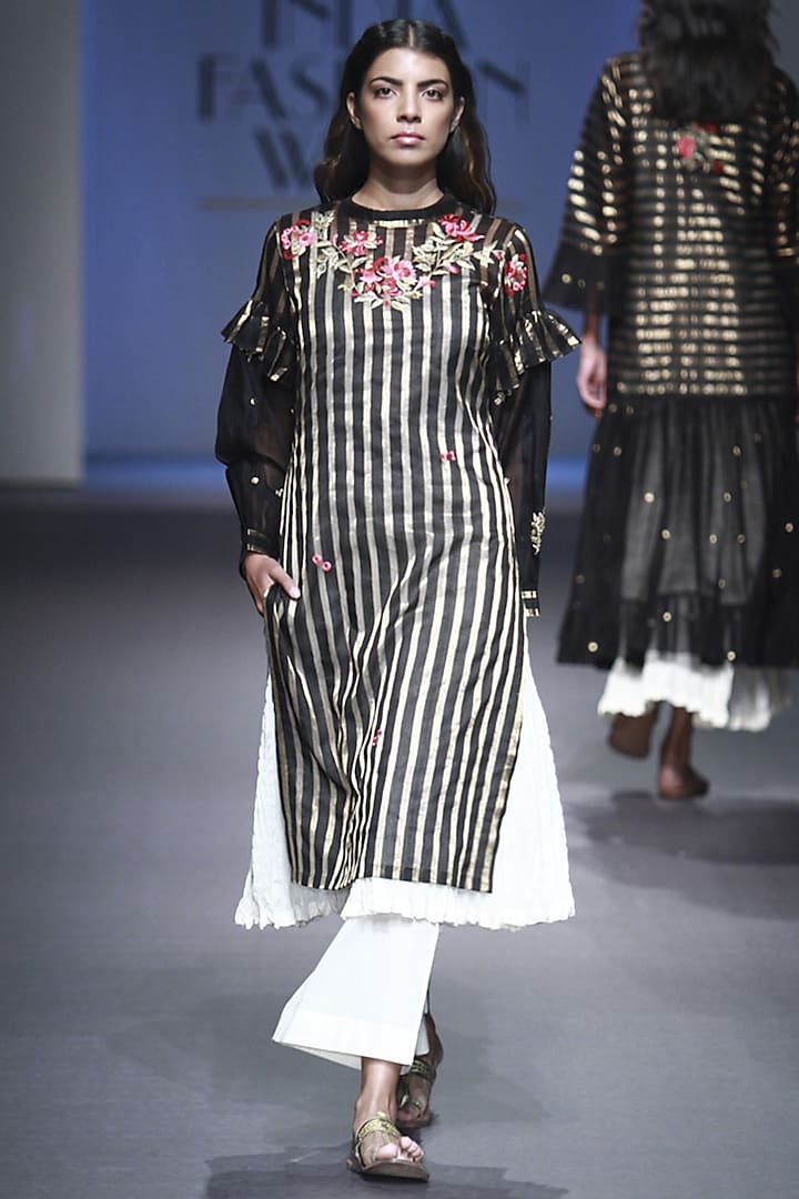 Black and Gold Lines Embroidered Kurta with Anarkali and Palazzo Pants Set by Prama by Pratima Pandey