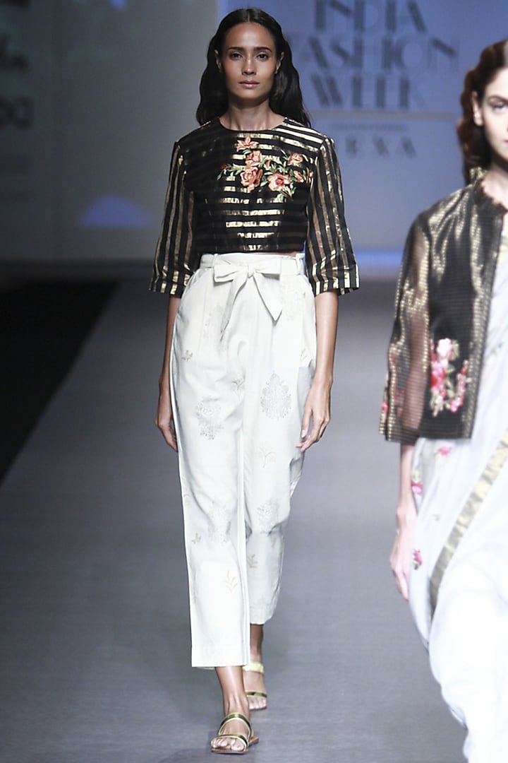 Black and Gold Lines Embroidered Crop Top with Crop Pants by Prama by Pratima Pandey