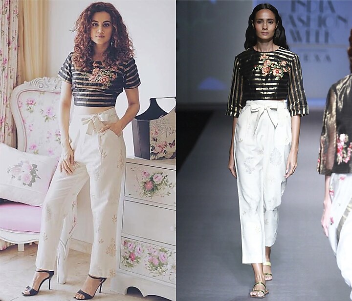 Black and gold lines embroidered crop top with crop pants available only at Pernia's Pop Up Shop.
