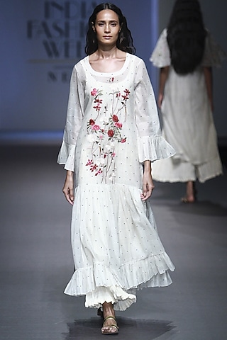 White Embroidered Gathered Dress with Anarkali by Prama by Pratima Pandey
