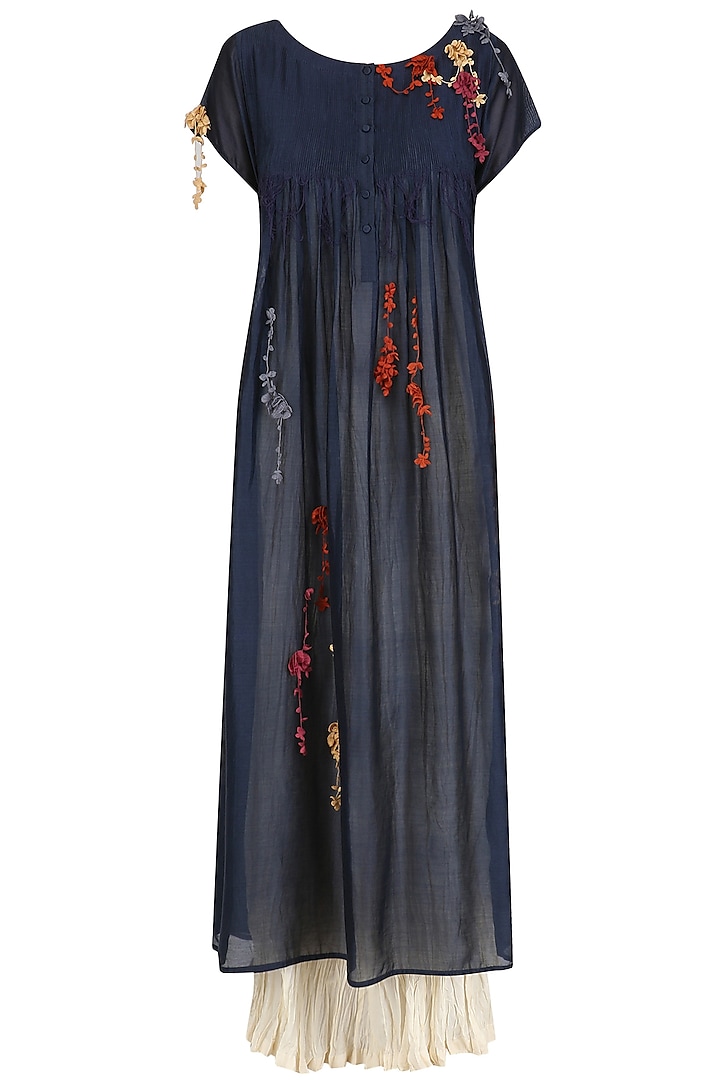Navy Blue Florating Embroidered Long Dress and Crushed Anarkali Set by Prama by Pratima Pandey