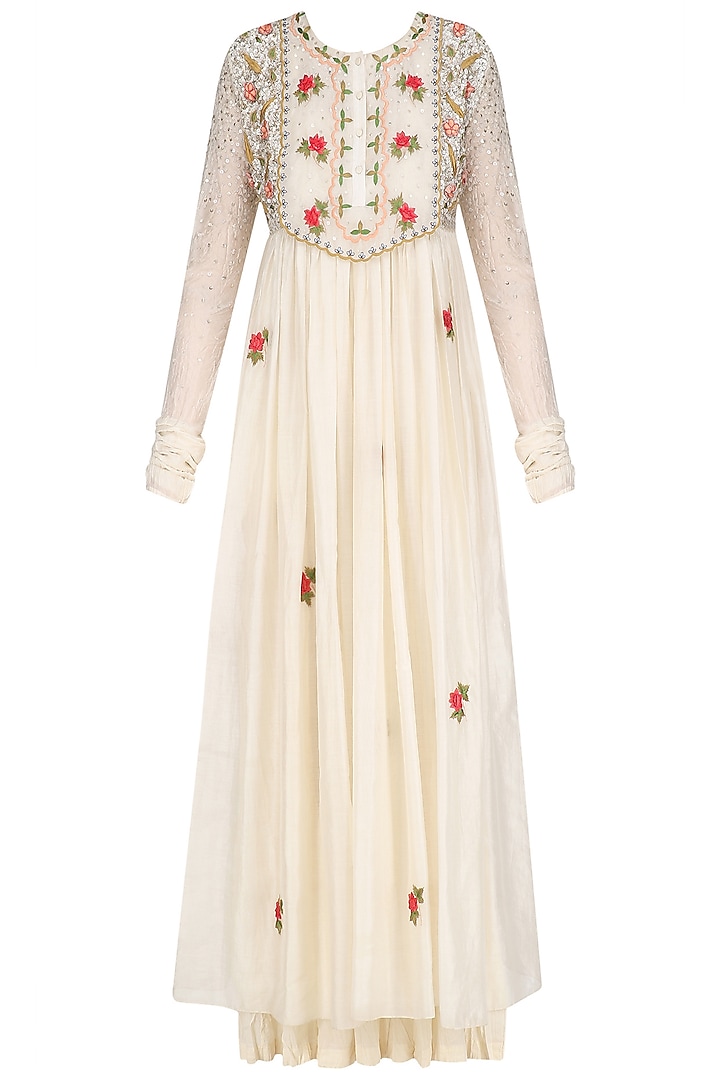 Ivory Floral Thread and Sequins Work Long Dress and Crushed Anarkali Set by Prama by Pratima Pandey