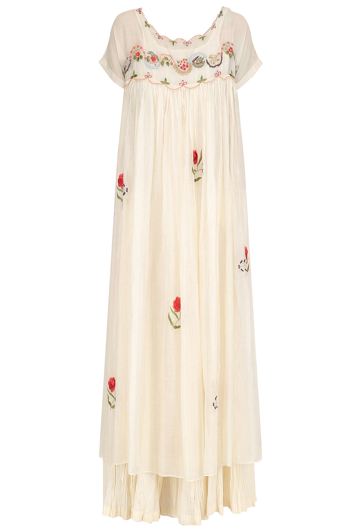 Ivory and red floral convent embroidered long dress and crushed anarkali set available only at Pernia's Pop Up Shop.
