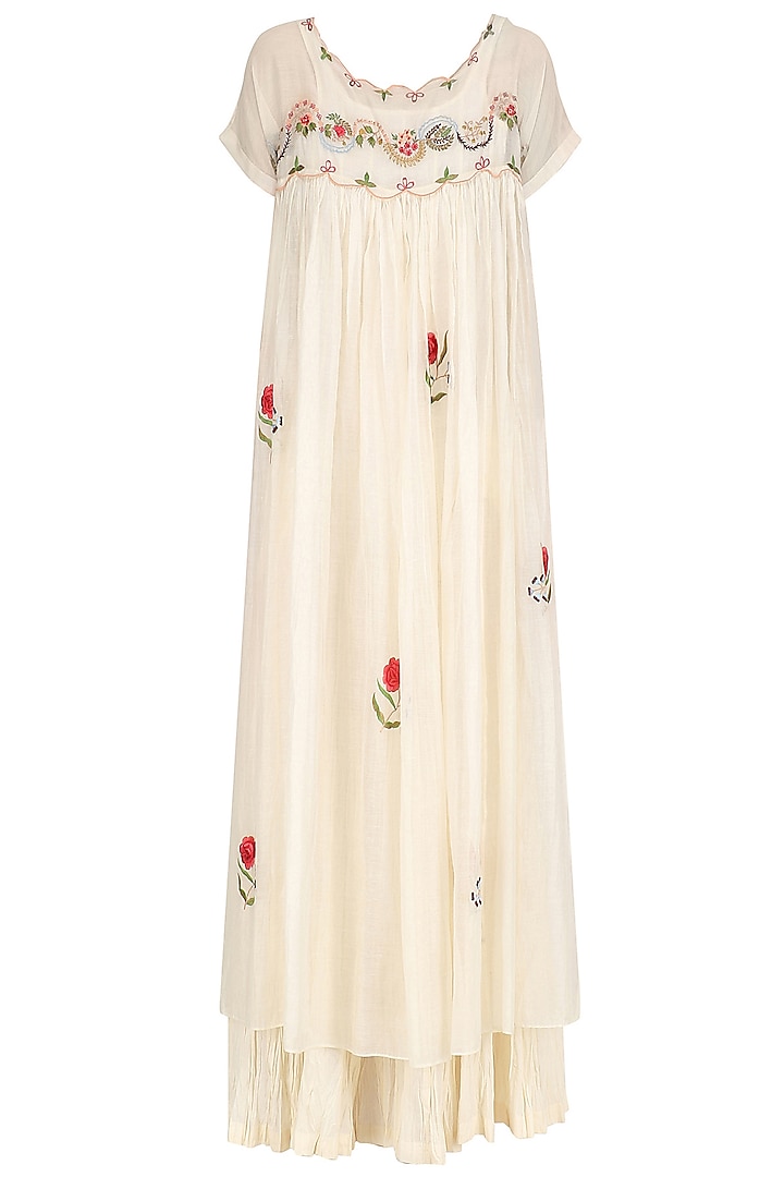Ivory and Red Floral Convent Embroidered Long Dress and Crushed Anarkali Set by Prama by Pratima Pandey
