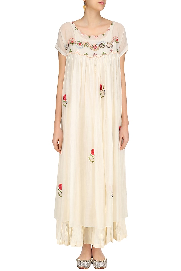 Ivory and red floral convent embroidered long dress and crushed anarkali set available only at Pernia's Pop Up Shop.