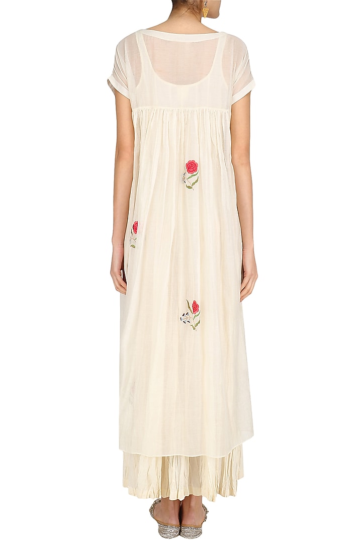 Ivory and red floral convent embroidered long dress and crushed anarkali set available only at Pernia's Pop Up Shop.