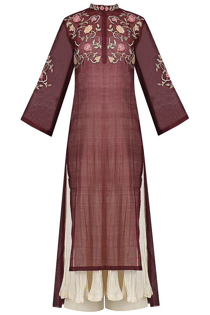 Maroon embroidered kurta with anarkali and palazzo pants set available only at Pernia's Pop Up Shop.