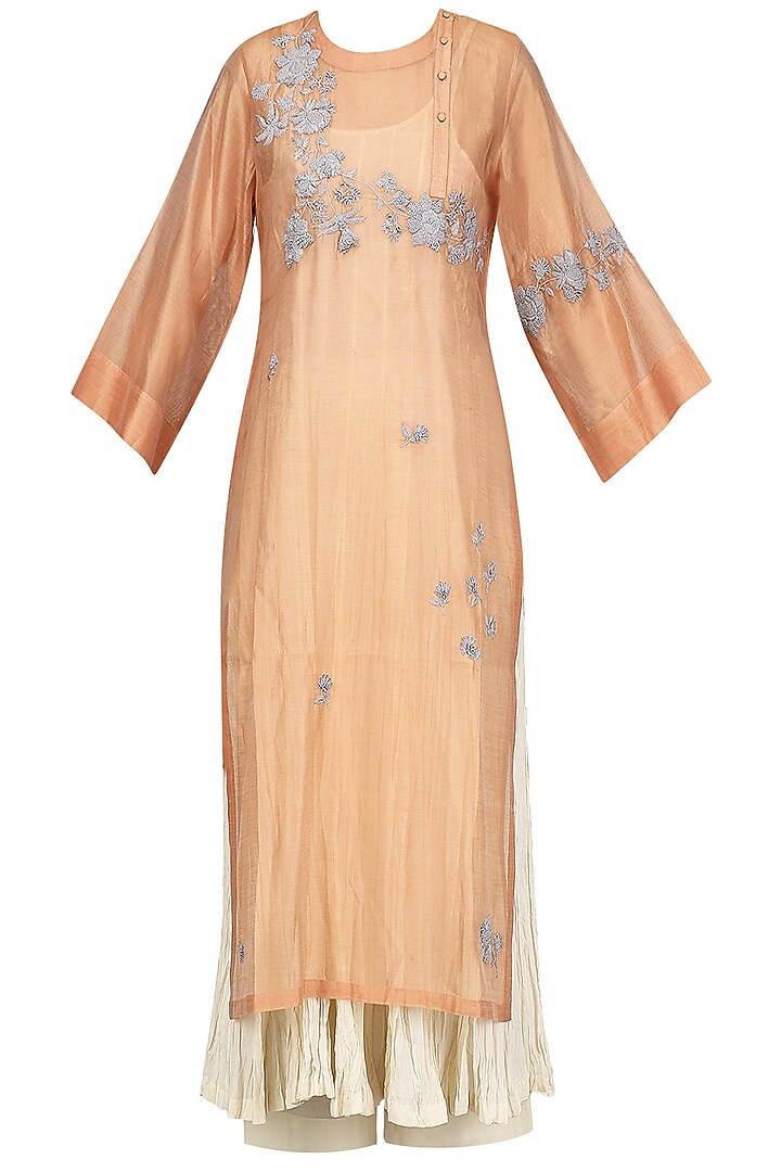 Peach embroidered kurta with anarkali and palazzo pants set available only at Pernia's Pop Up Shop.