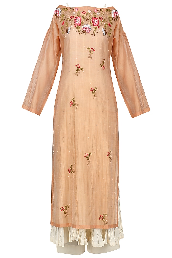 Peach embroidered kurta with anarkali and palazzo pants set available only at Pernia's Pop Up Shop.