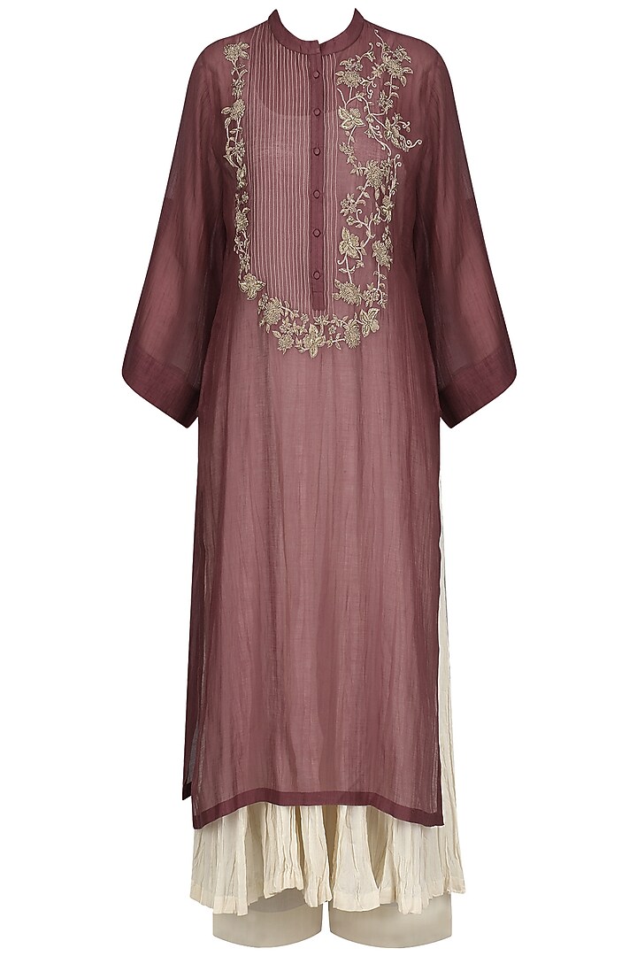 Maroon dabka embroidered kurta with anarkali and palazzo pants set available only at Pernia's Pop Up Shop.
