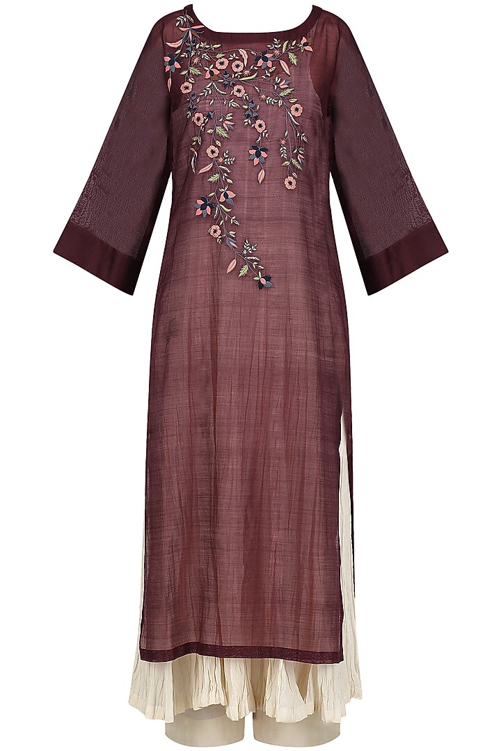 Maroon floral work kurta with anarkali and palazzo pants set available only at Pernia's Pop Up Shop.