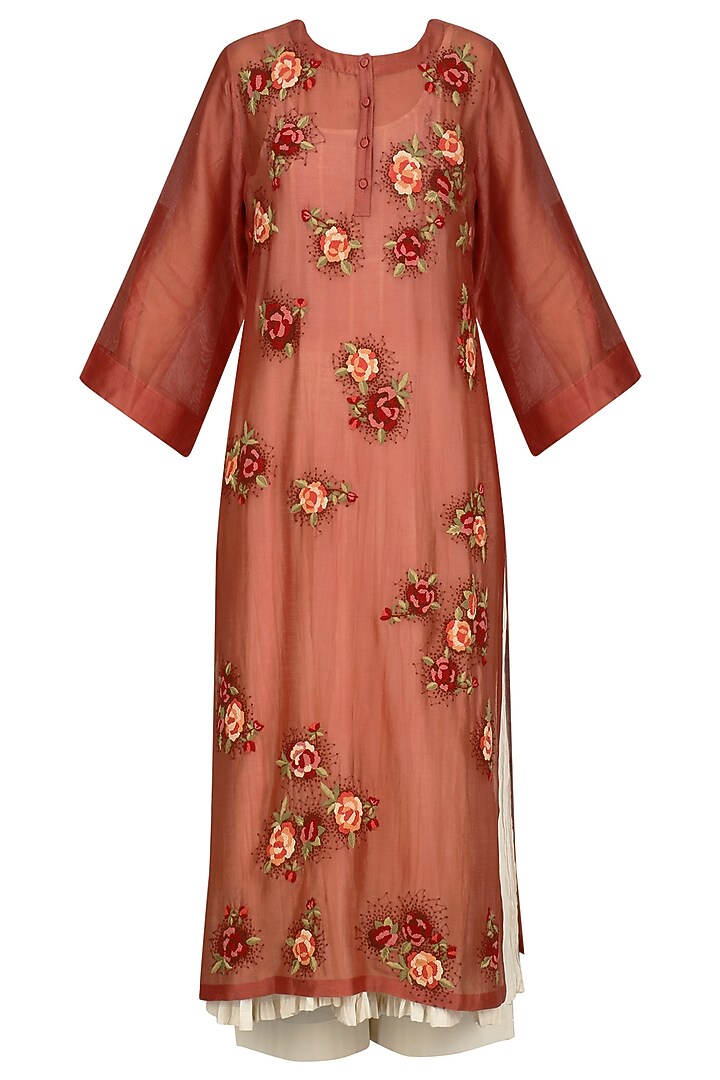 Red embroidered kurta with anarkali and palazzo pants set available only at Pernia's Pop Up Shop.